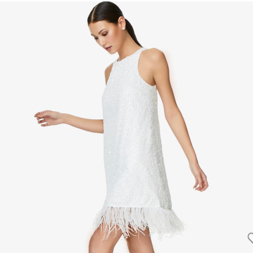 Adrianna Papell HAND-SEQUINED TRAPEZE HALTER DRESS WITH FEATHER TRIM IN IVORY